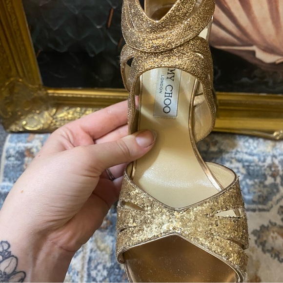 Authentic Jimmy Choo gold glitter zip up metallic sequin stiletto heels size 40 - Picture 7 of 10